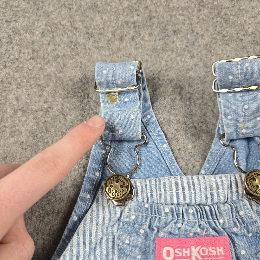 Vintage OshKosh B'gosh Overalls Baby Girls 6M Blue Polka Dot Hickory Stripe 80s